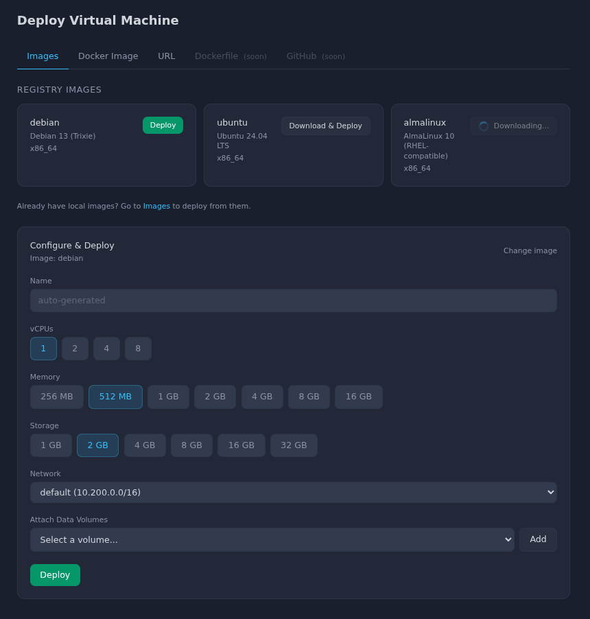 Deploy VM form with image selection, CPU, memory, storage, and network options